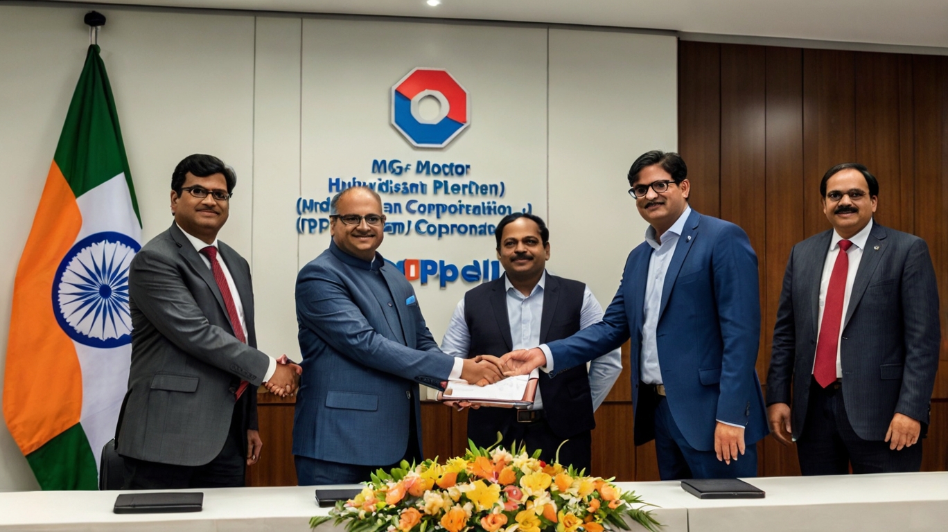 MG Motor India and HPCL Executives Signing Strategic Partnership Agreement