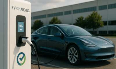 Electric car charging in a sunny open parking lot, with a charging station showing 100% battery, reflecting global EV growth in 2025.