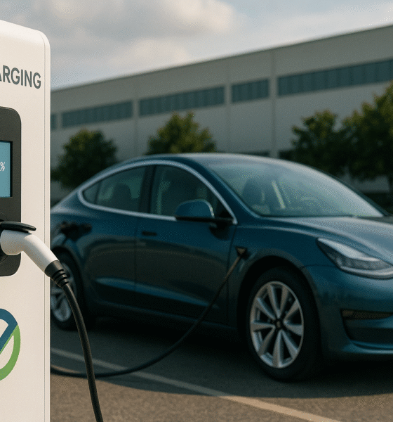 Electric car charging in a sunny open parking lot, with a charging station showing 100% battery, reflecting global EV growth in 2025.