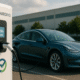 Electric car charging in a sunny open parking lot, with a charging station showing 100% battery, reflecting global EV growth in 2025.