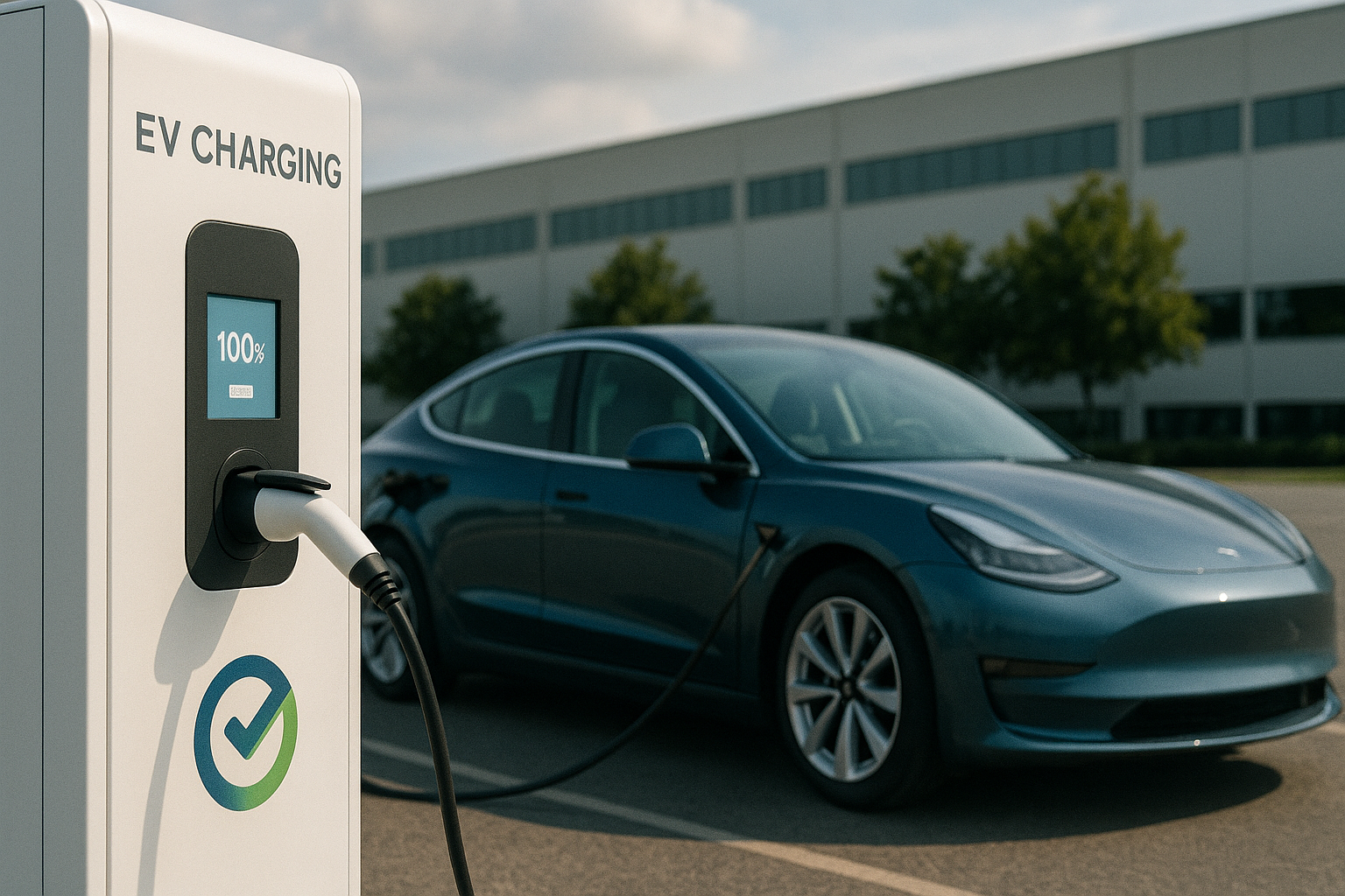 Electric car charging in a sunny open parking lot, with a charging station showing 100% battery, reflecting global EV growth in 2025.