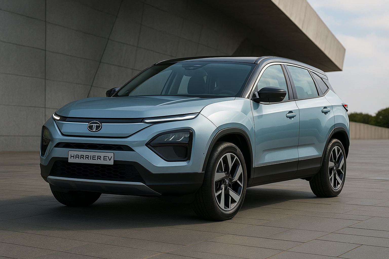 Tata Harrier EV parked outdoors showing front-side view with blue body and bold design.