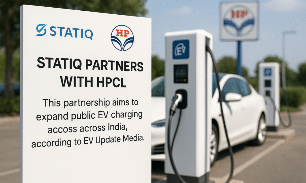 Electric vehicle charging at an HPCL station with Statiq branding, showcasing India’s expanding EV infrastructure through the Statiq and HPCL partnership.